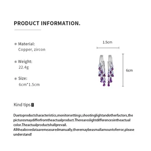 Detailed product specifications for purple zircon fringe drop earrings with size markers