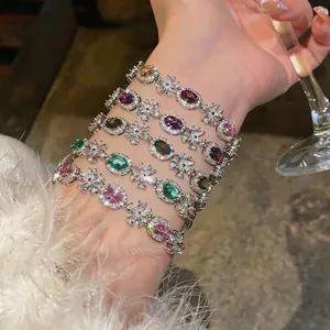 Sparkling Colorful Zirconia Flower Bracelet For Women Luxury Elegant Oval Gemstone Inlaid Copper Link Chain Bracelet Fashion Jewelry Accessory Gift