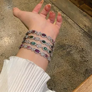 Elegant sparkling colorful zircon oval gemstone flower bracelet set for women worn on wrist