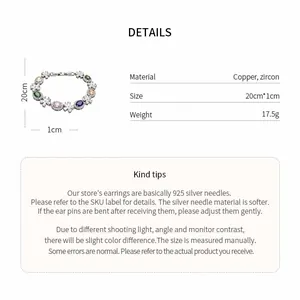 Detailed specification table for colorful zircon flower bracelet with size and material