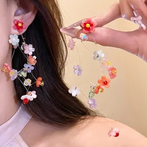 Sweet Vacation Resin Flower Tassel Earrings With 925 Sterling Silver Post Colorful Glass Beads Long Drop Earrings For Women