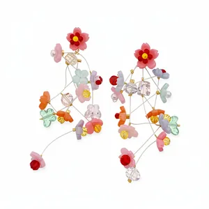 Handmade colorful resin flower tassel earrings with silver needles for a sweet vacation look