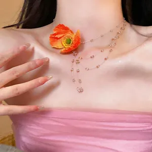 Elegant fabric poppy flower necklace with multi-layer beaded tassel fringe for women