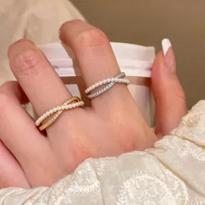 French Vintage Criss Cross Artificial Pearl Ring With Zirconia For Women Elegant Adjustable Open Ring Copper Jewelry Gift