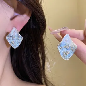 Niche Pleated Rhombus Stud Earrings For Women Silver Blue Vacation Style Copper Zirconia Earrings With Silver Earring Post