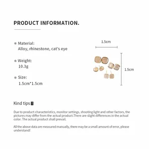 Detail view of cat's eye stud earrings with material and dimension specifications.
