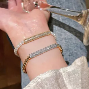 European Ins Style Zirconia Geometric Bracelet Women Light Luxury Copper Inlaid Zirconia Artificial Pearl Chain Bracelet Fashion Jewelry