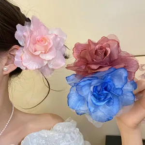Romantic fabric mesh rose flower hair clips in various colors for women hair styling