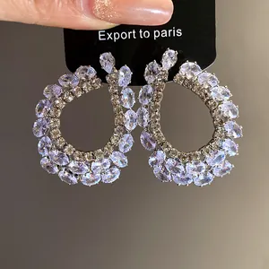 Gedetailleerd overzicht van luxe zirkoon druppel oorbellen op een displaykaart.