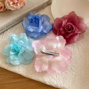 Elegant fabric mesh flower hair clips set with metal alligator clips for women and girls