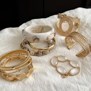 Bohemian Alloy Gold Plated Bracelet Set For Women Geometric Woven Shell Artificial Pearl Rhinestone Bangle Fashion Jewelry