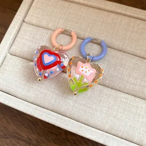Colorful dopamine style handmade heart and flower glass pendant hoop earrings for women
