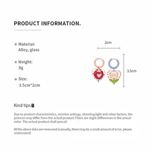 Detailed specifications of glazed glass heart and flower hoop earrings with size measurements