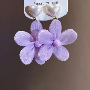 Romantic purple mesh flower drop earrings with white pearly heart studs