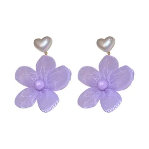 Sweet purple camellia flower dangle earrings with pearl heart stud