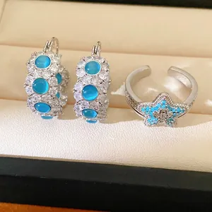 Blue Cat Eye Stone Zirconia Jewelry Copper Star Shaped Ring Round Ear Clips Elegant Light Luxury Accessories For Women