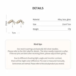 Detail page showing specifications and material of lace flower drop fringe earrings.