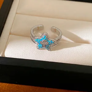 Exquisite silver adjustable star ring with blue turquoise stones and zircon cross inlay