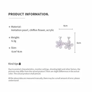 Detailed specification of purple chiffon camellia flower dangle earrings with pearls
