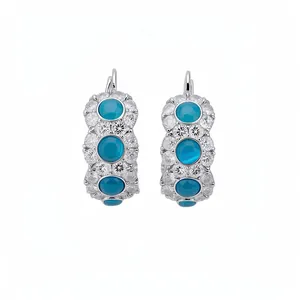 Elegant silver-plated hoop earrings with blue cat's eye stones and sparkling zircons
