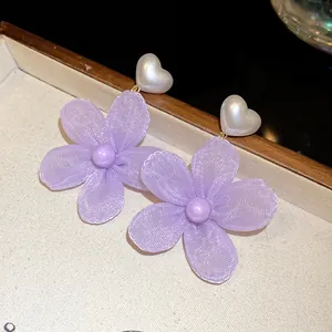 Elegant purple mesh flower dangle earrings with heart-shaped pearl stud tops for women.