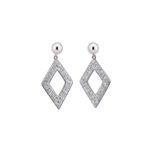 Elegant geometric rhombus drop earrings with pavé crystals and pearl studs.