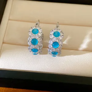 Macro view of elegant blue cat's eye earrings with cubic zirconia in a jewelry box