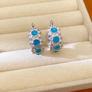 Close-up view of blue cat-eye stone hoop earrings with cubic zirconia inlay.