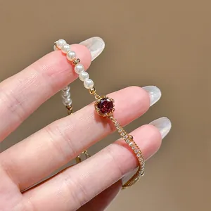 Elegant 18K Gold Plated Red Zirconia Artificial Pearl Adjustable Bracelet For Women Luxurious Sweet Delicate Jewelry Gift