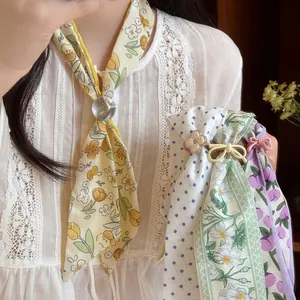 Floral tulip silk scarf necklace and polka dot necktie for summer fashion accessory.