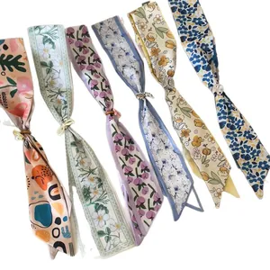 Assorted floral silk scarf necklaces with decorative slides for women summer accessory