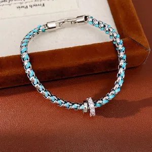Mode Blau Geflochtenes Seil Armband Kupfer Zirkonia Runder Anhänger Armband Für Damen Luxus Vielseitiger Schmuck Geschenk