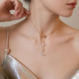 18K Gold Plated Copper Zirconia Moon Star Pendant Necklace Women Luxury Adjustable Clavicle Chain Fashion Jewelry Gift