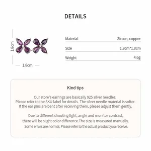 Macro detail of purple zircon flower stud earrings with specific size and weight