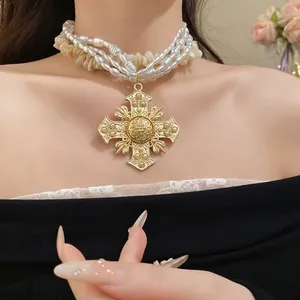 Vintage Baroque Multi-layer Alloy Shell Artificial Pearl Cross Pendant Necklace Gold Plated Individual Choker For Women Banquet