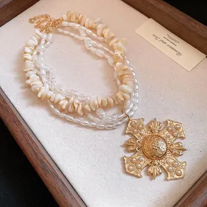 Vintage multi-layer pearl and natural shell necklace with large golden cross pendant charm