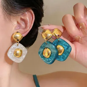 Vintage Geometric Rhombus Resin Stud Earrings With 925 Sterling Silver Earring Post Korean Style Gold Tone Alloy Jewelry