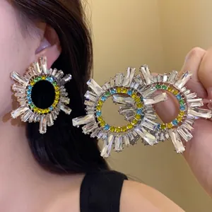 Boucles d'Oreilles Clous de Luxe en Alliage Strass Coloré Géométrique Rond Radiant Tournesol Avec Tige en Argent Femme Bijoux