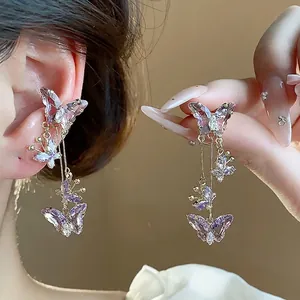 Clips d'oreilles papillon en zircon violet élégant pour oreilles non percées, bijoux pendants