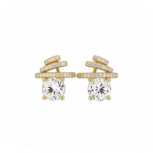 Elegant gold stud earrings featuring spiral cubic zirconia and large round clear stones