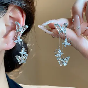 Détail macro de boucles d'oreilles papillon en zircon argenté exquis pour femmes