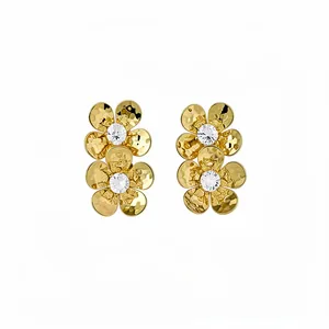 Vintage gold-plated double flower stud earrings with sparkling white zircon center stones
