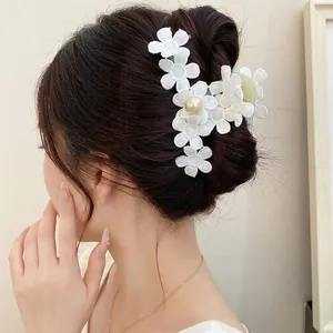 Handmade Fabric Flower Artificial Pearl Hair Claw Clip Large White Floral Shark Clip Versatile Elegant Hair Accessory For Women