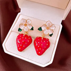 Sweet Strawberry Flower Drip Oil Stud Earrings 925 Sterling Silver Post Alloy Enamel Red White Floral Earring For Women Jewelry