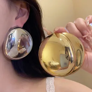 European Style Large Metal Mirror Polished Oval Stud Earrings For Women Elegant Geometric Iron Silver Earring Post Jewelry