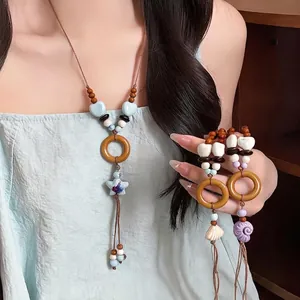 Bohemian Ceramic Shell Pendant Long Necklace With Zirconia Brass Wood Ring Leather Rope Resort Style Jewelry For Women