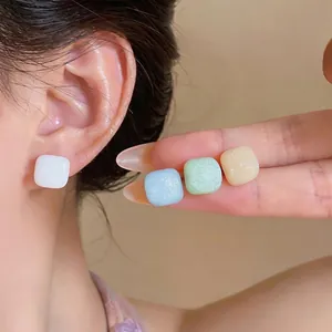 Pendientes de Botón de Resina Cuadrados Color Morandi Con Poste de Plata de Ley 925 Pendientes Geométricos Minimalistas