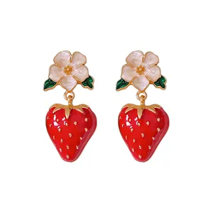 Charming sweet red enamel strawberry and white flower silver needle drop earrings