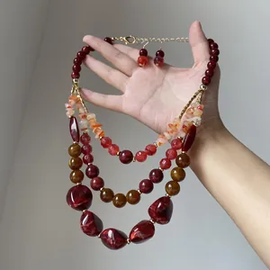 Set di Gioielli Collana Multistrato di Perline e Orecchini Stile Etnico Vintage Agata Pietra per Donna Rosso Blu Caffè