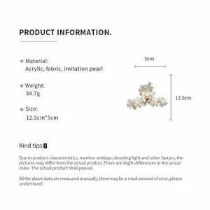 Floral fabric hair claw clip with pearl details showing product dimensions and material specs.
